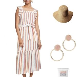 Revolve Saylor Goldia Tiered Rainbow Stripe Gauzy Cotton Ruffle Maxi Dress Small